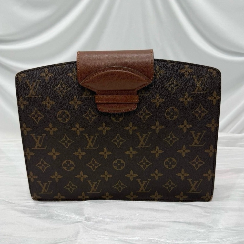 Louis Vuitton Brown Monogram Canvas Clutch with Chestnut Leather Flap